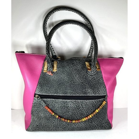 African Lily Pink and Gray Leather Tote Bag - Picture 4 of 16
